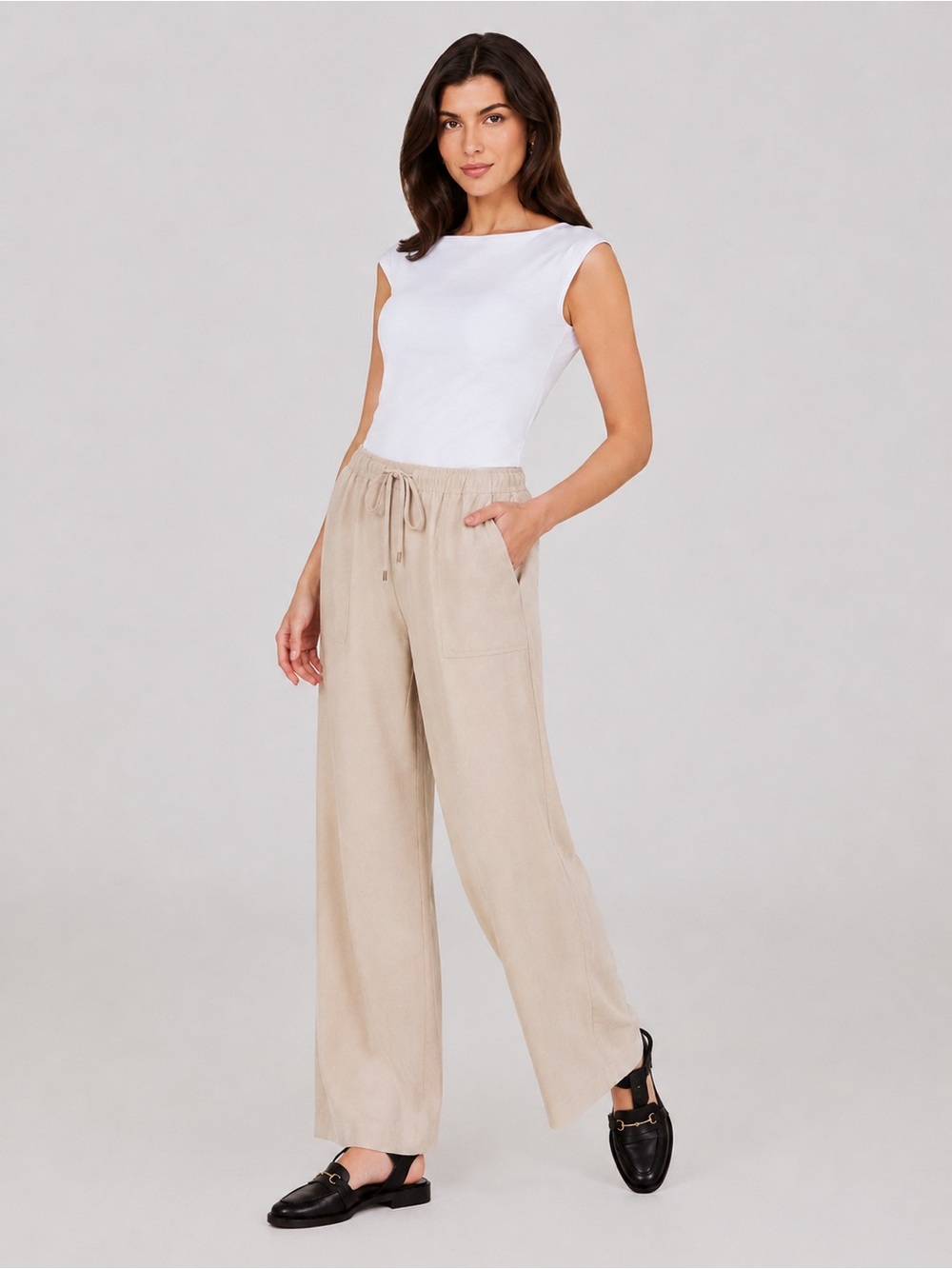 Suzy Shier Beige Wide-Leg Drawstring Pants